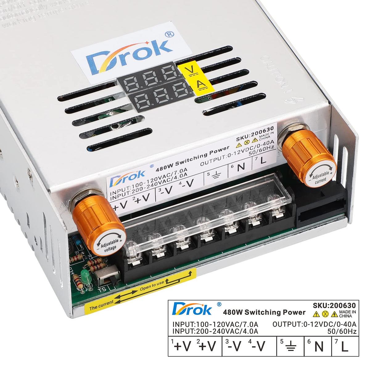 DROK 12V power supply with recessed potentiometer allows adjustable output for flexible setups