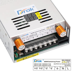 DROK 12V power supply with recessed potentiometer allows adjustable output for flexible setups