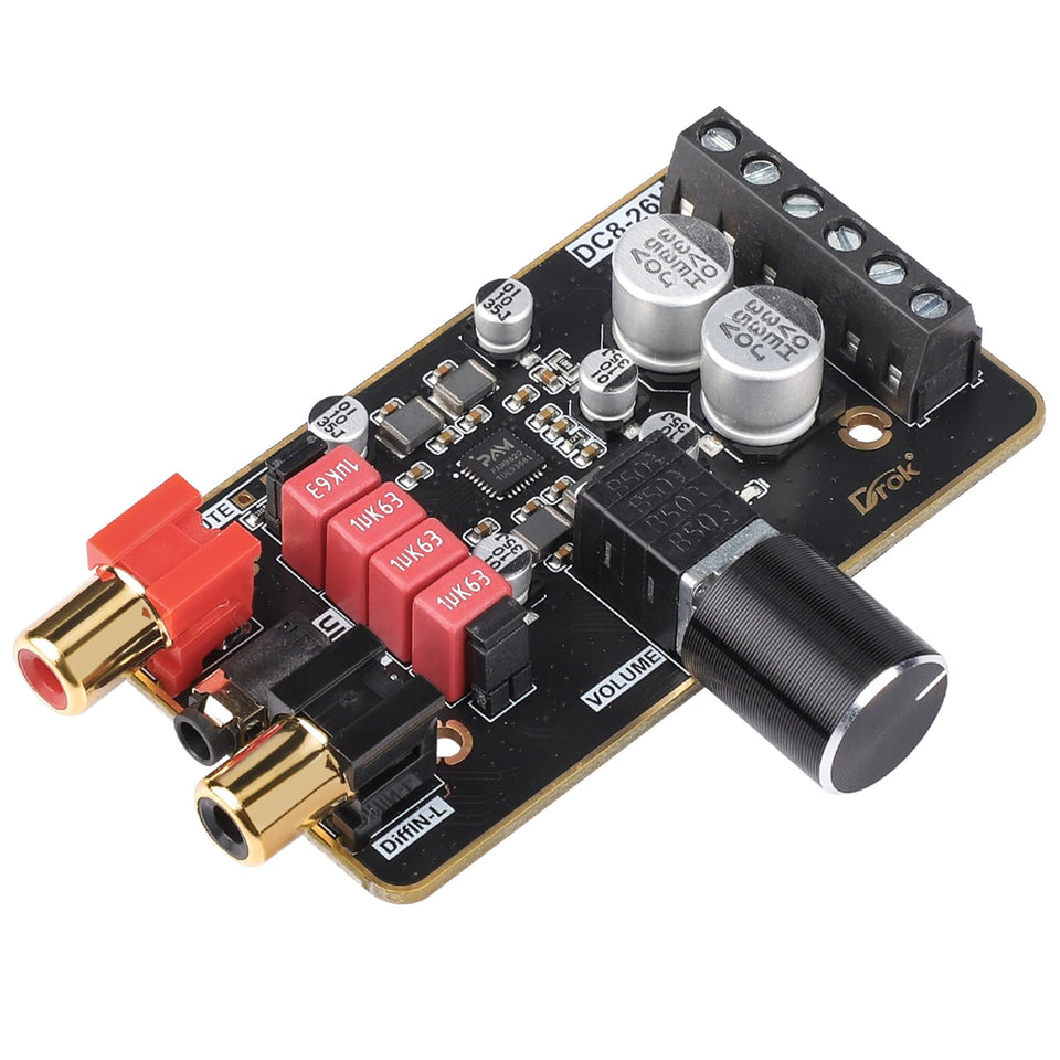 DROK amplifier board front view showing connectors and compact layout for efficient installations