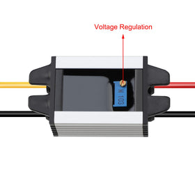 DROK bottom-mounted potentiometer close-up allowing secure voltage adjustment and tamper resistance