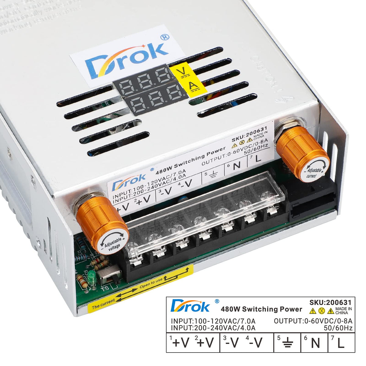 DROK potentiometer close-up and screen for easy voltage adjustments