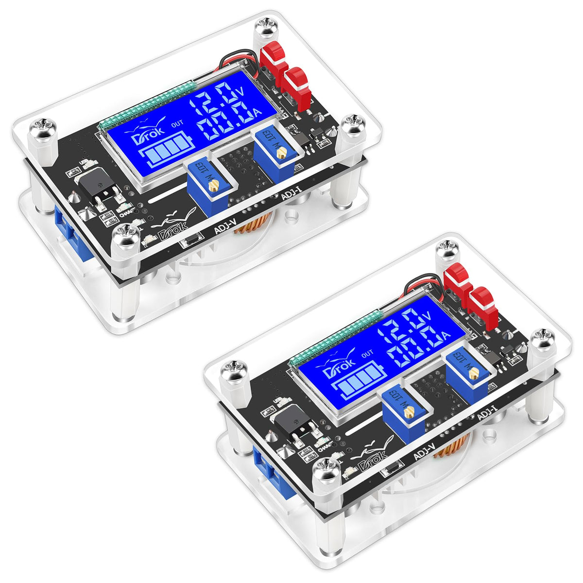 DROK DC buck converter front view with LCD for precise voltage and current control.