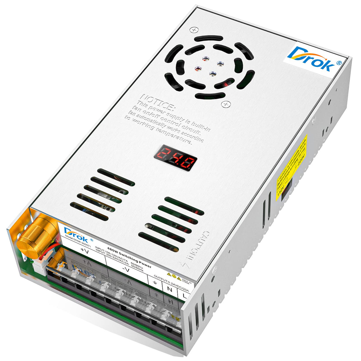 DROK front panel LED display showing adjustable voltage for accurate setup