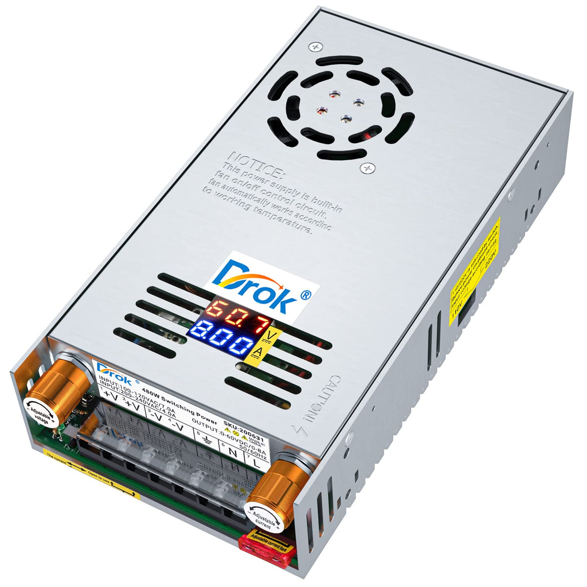 DROK front panel LED display showing precise output for safer testing