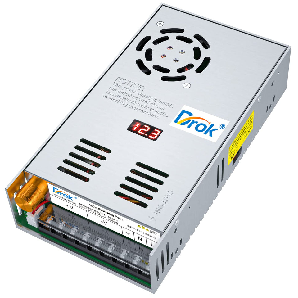 DROK front panel LED display showing adjustable voltage, clear monitoring benefit