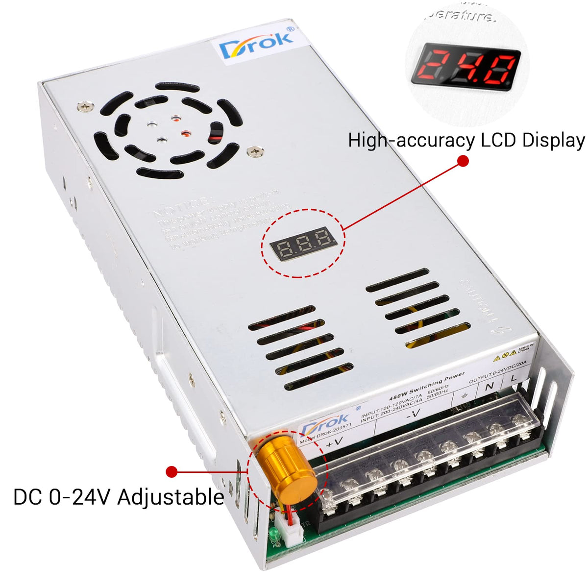 DROK heat sink and cooling fan close-up providing stable temperature control