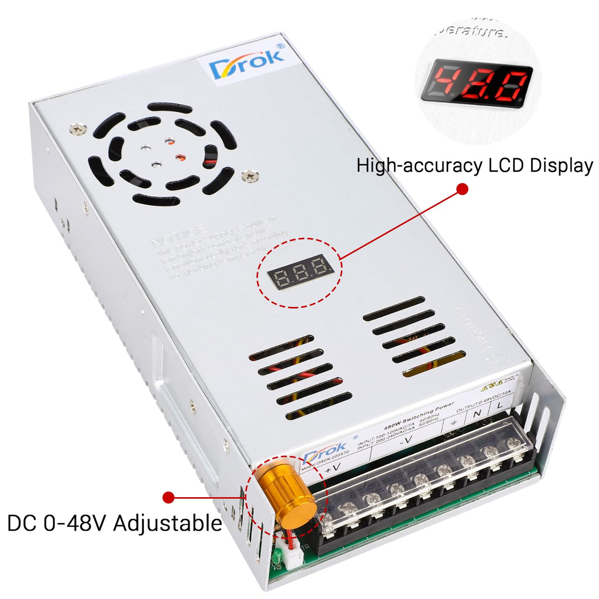 DROK heat sink and cooling fan demonstrating thermal control for reliability