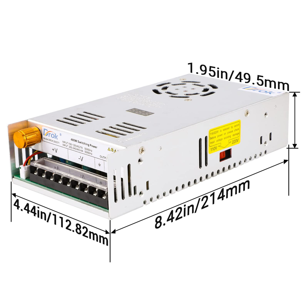 DROK product label and spec sticker showing voltage and current ratings