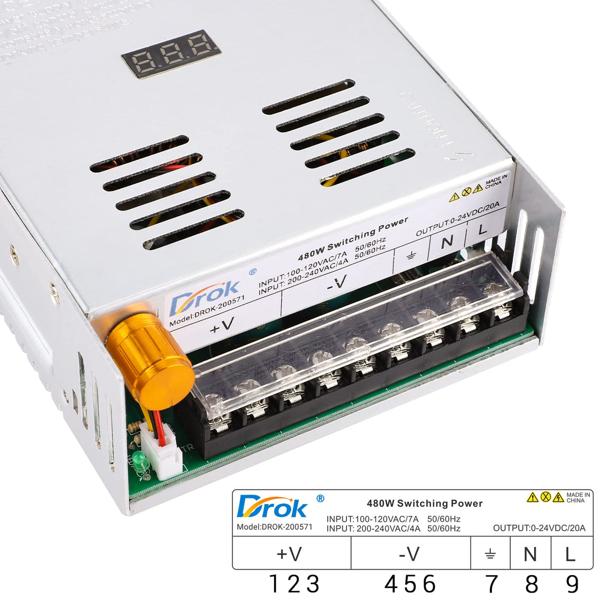 DROK terminal block with wires connected offering secure, clear power routing