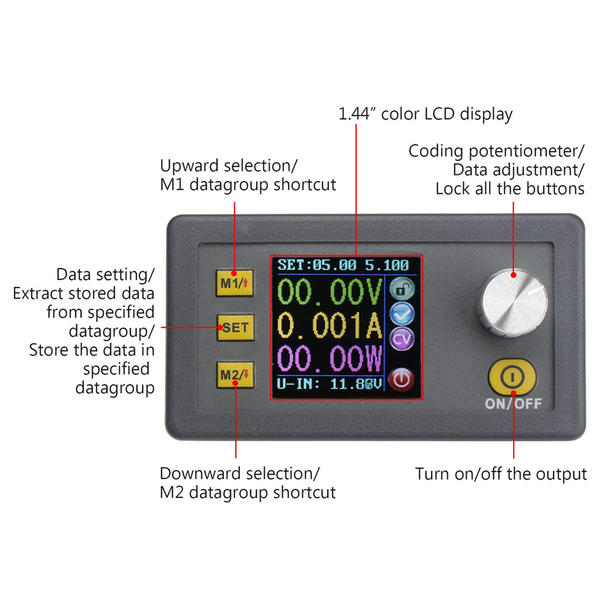 DROK terminal labels closeup showing IN+/IN-/OUT+/OUT- for correct wiring
