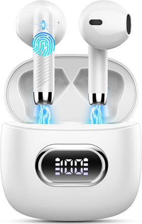Drsaec front view of earbuds and case showing sleek glass white finish and compact design benefit