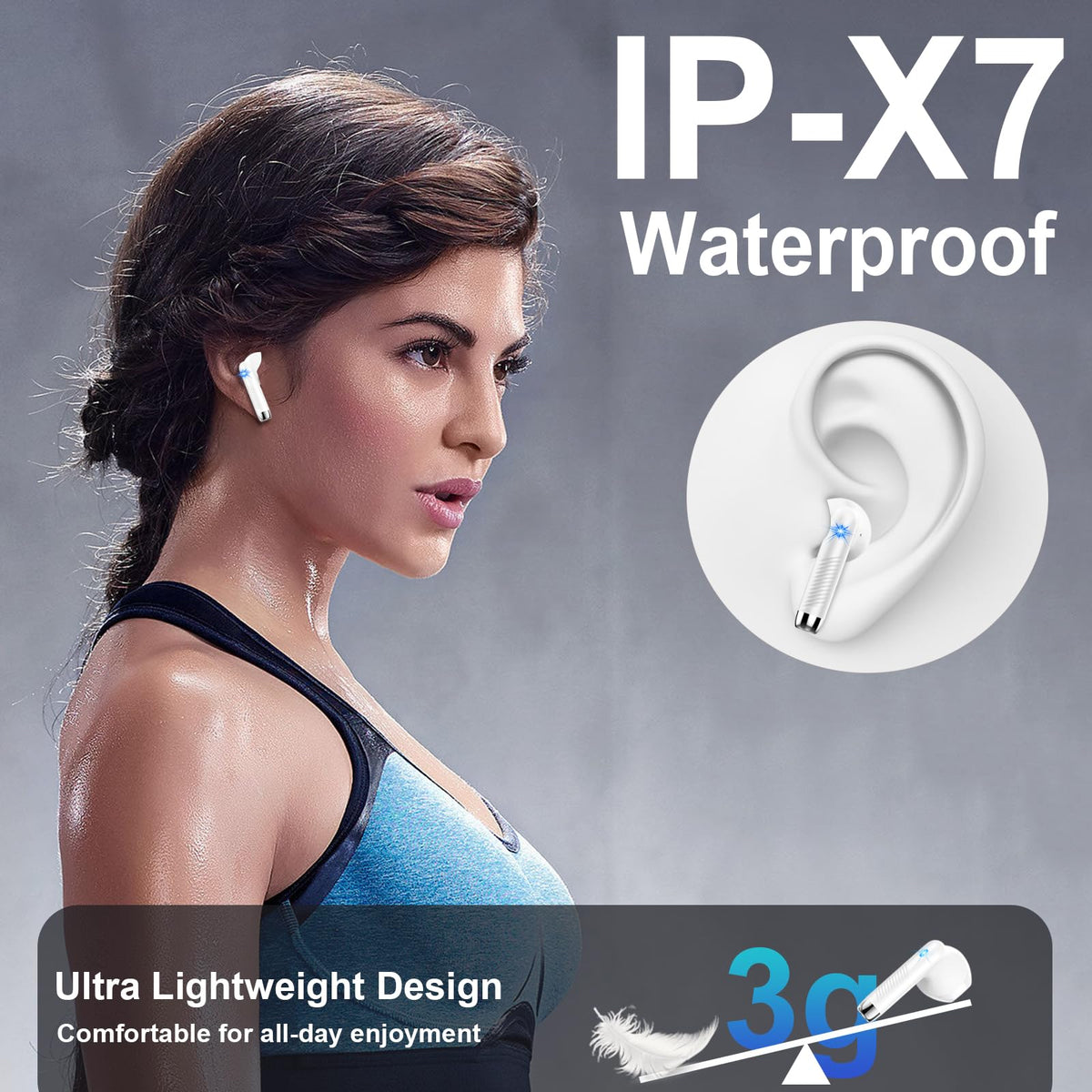 Drsaec earbuds and case next to a smartphone demonstrating pocket-sized scale convenience