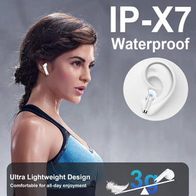 Drsaec earbuds and case next to a smartphone demonstrating pocket-sized scale convenience