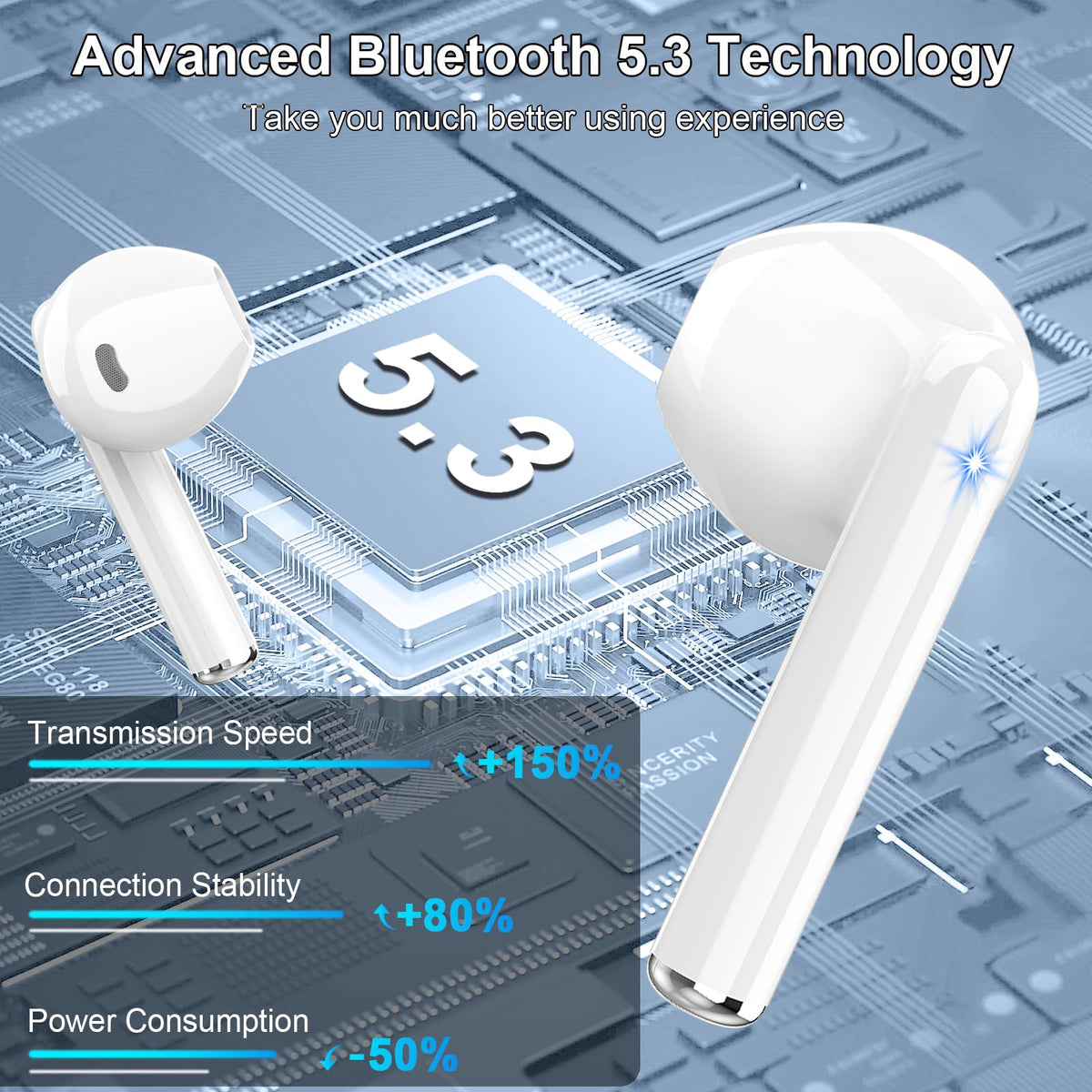 Drsaec earbuds next to hand for scale showing compact pocket-friendly size