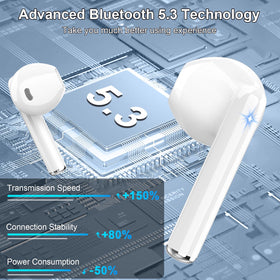 Drsaec earbuds next to hand for scale showing compact pocket-friendly size