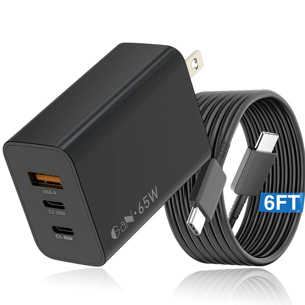 DRSEOO 65W GaN charger front view powering phone and laptop efficiently