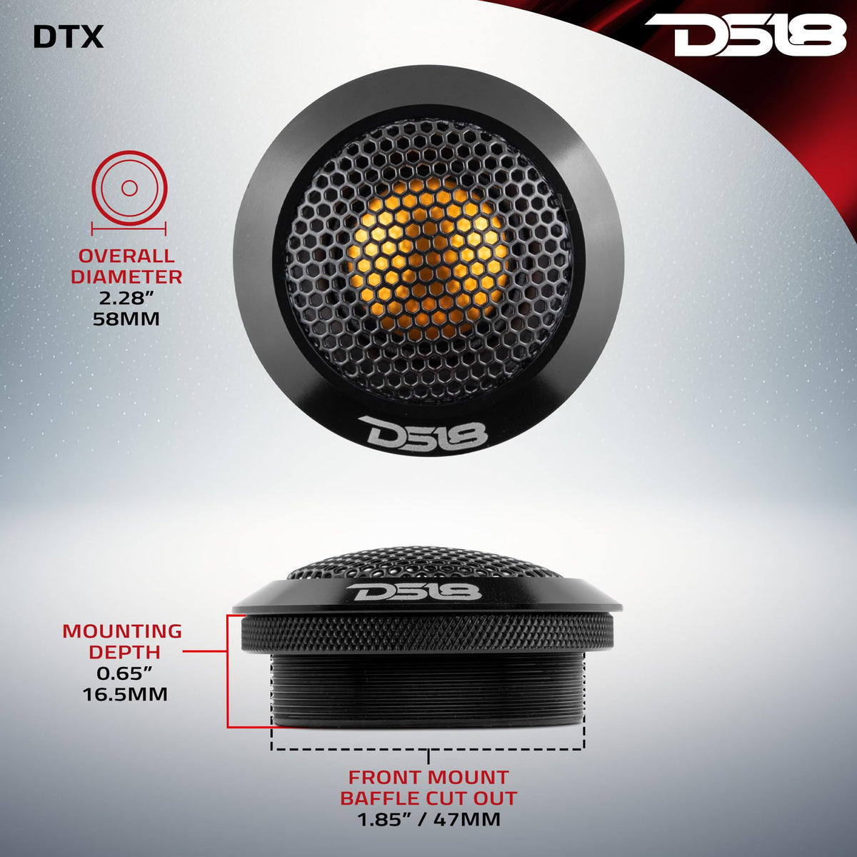 DS18 DTX 15W AES power handling for clean treble at moderate volume.