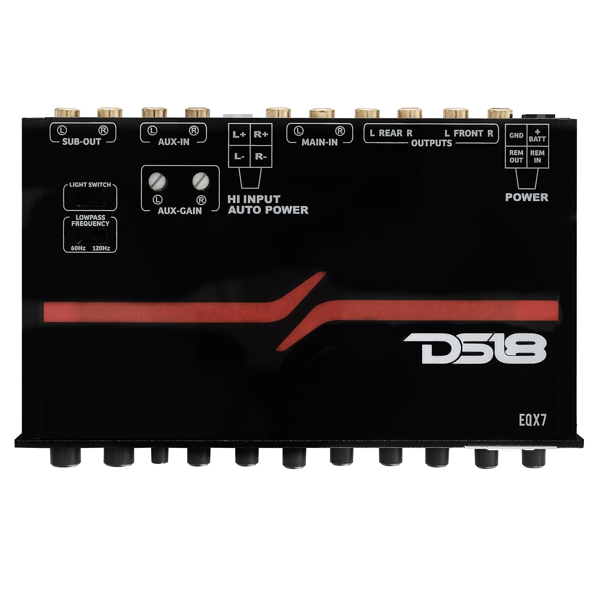DS18 EQX7 front panel showing seven-band sliders and labeling for quick tone control
