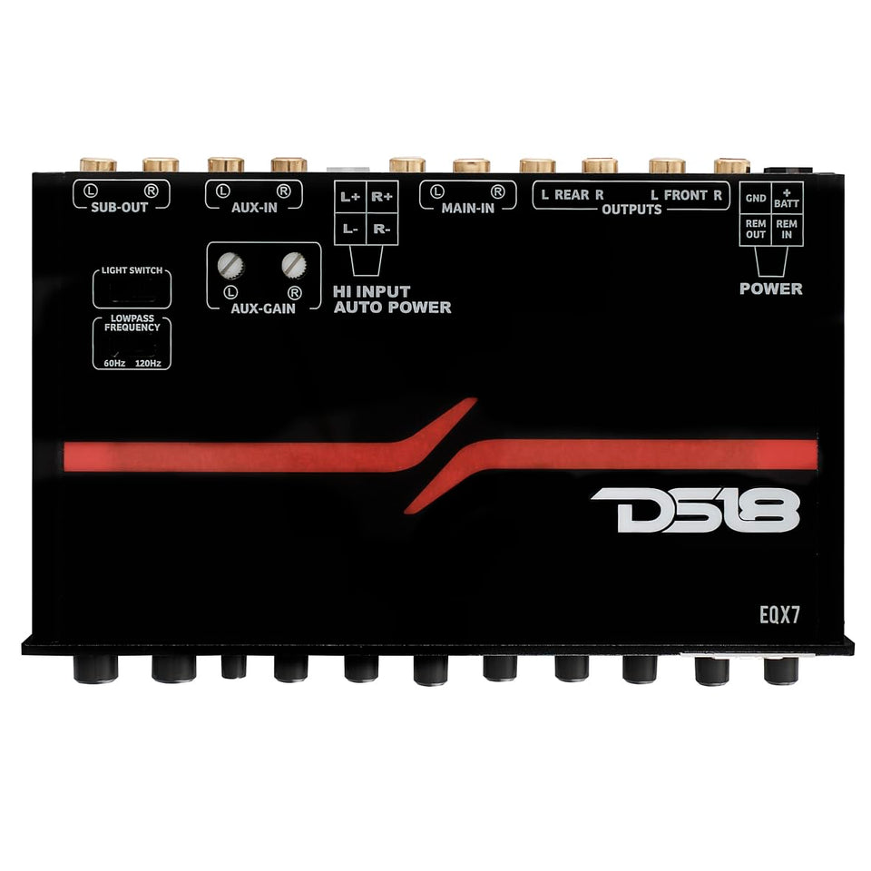 DS18 EQX7 front panel showing seven-band sliders and labeling for quick tone control
