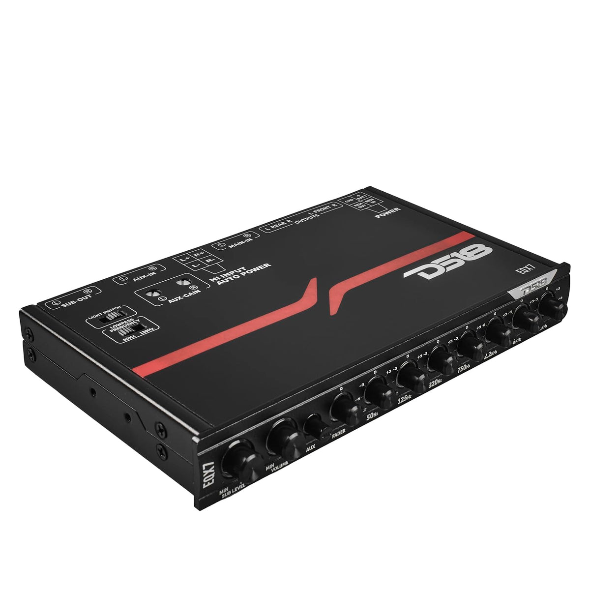 DS18 EQX7 close-up of rotary EQ controls for precise in-car tuning and adjustment