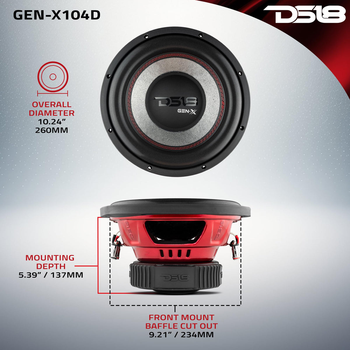 DS18 GEN-X104D dual-voice-coil wiring option enables flexible system tuning