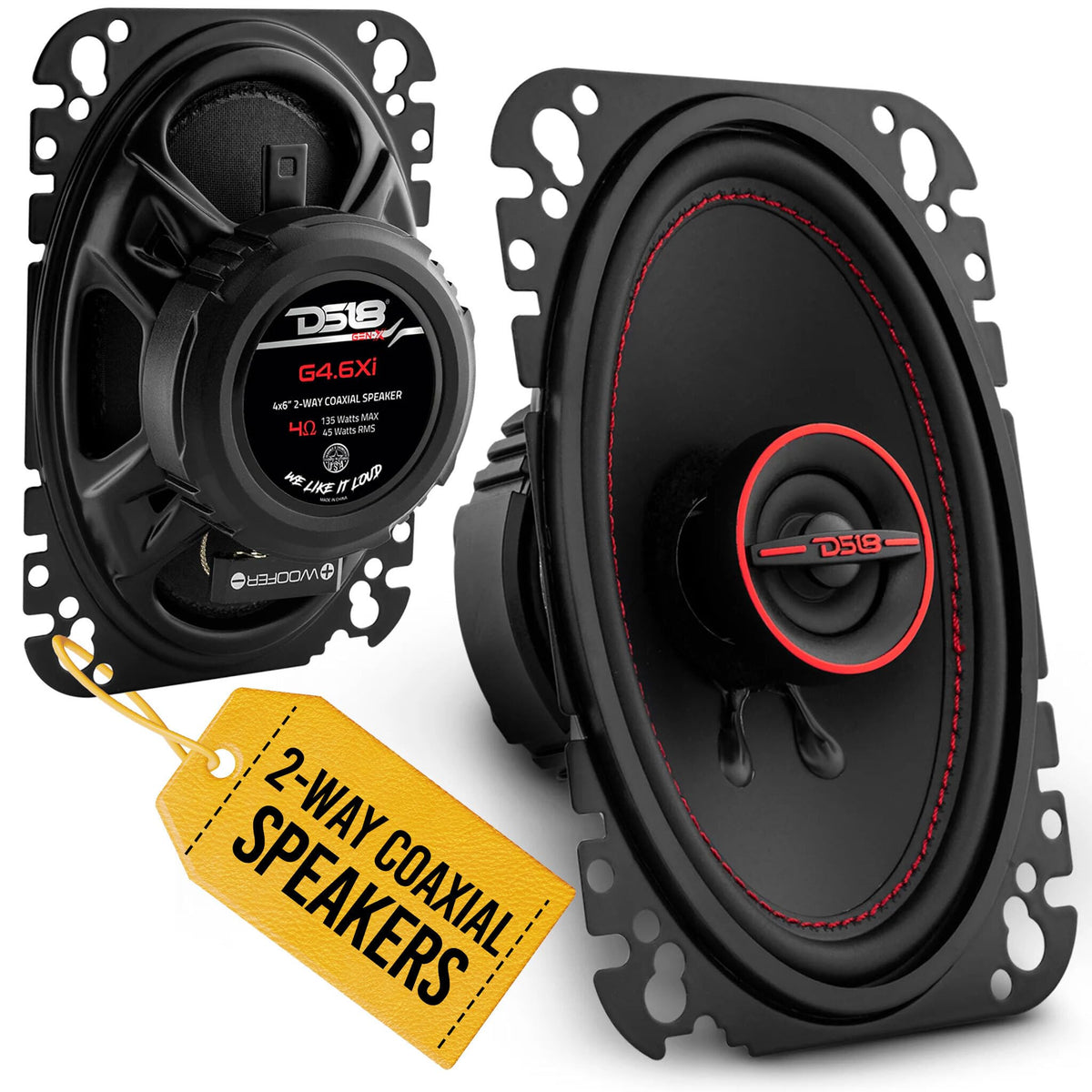 DS18 front view of speaker pair showing grille and branding for immediate visual appeal