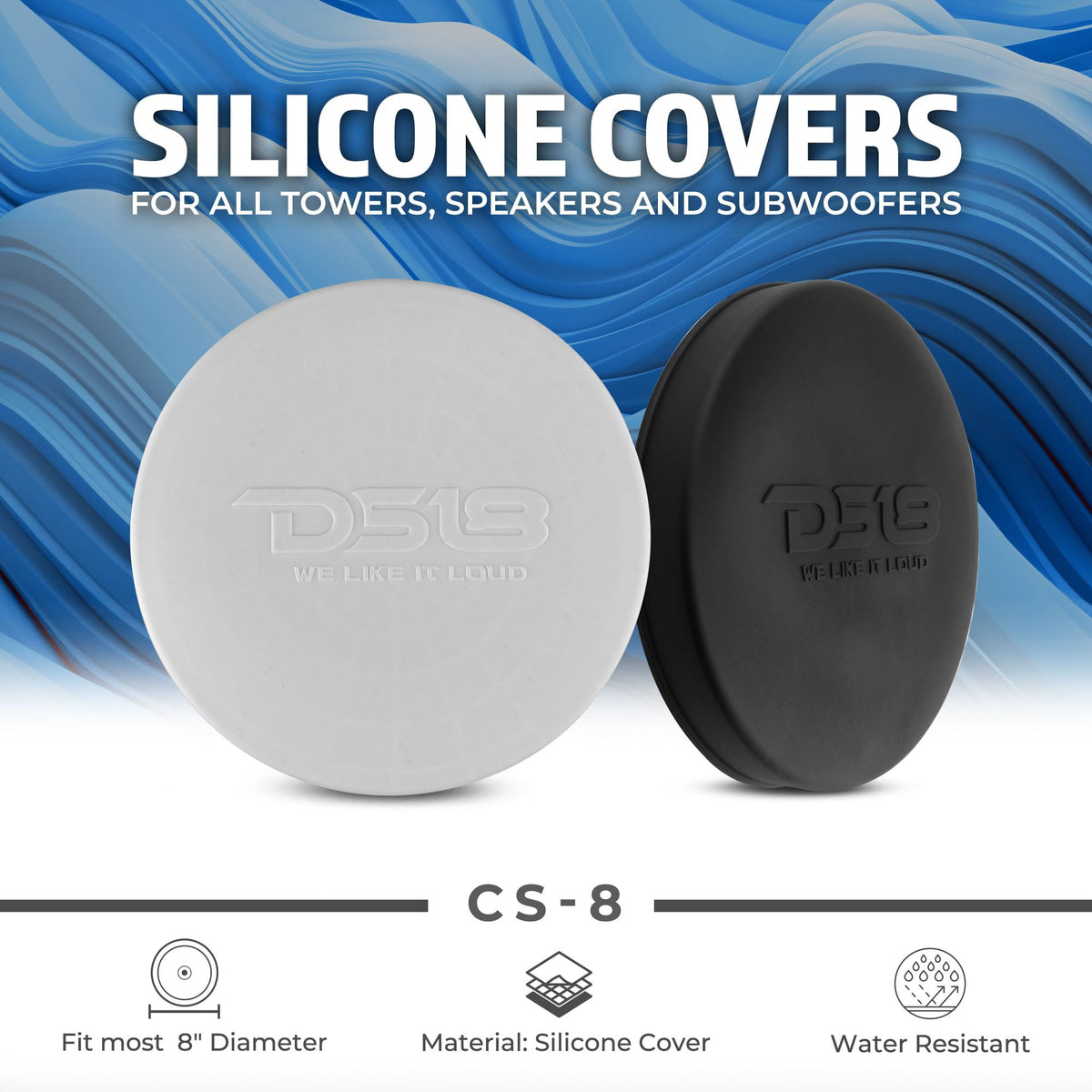 DS18 Hydro CS-8 BK silicone cover, side view, all-weather shield for tower speakers.
