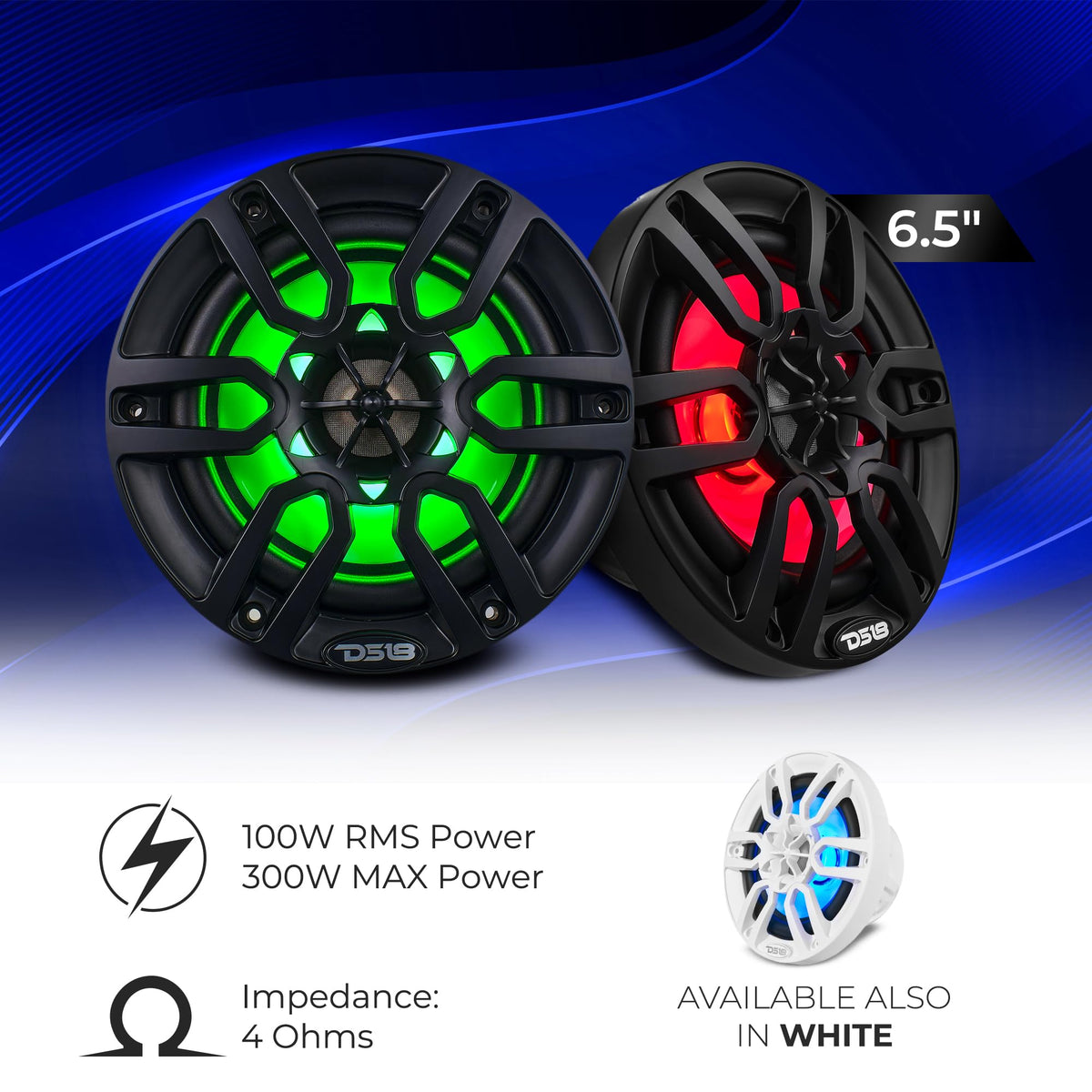 DS18 HYDRO NXL-6 RGB lighting visible for customizable color ambience on vehicles or boats