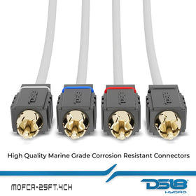 DS18 metal RCA plugs connected to amplifier illustrating secure marine audio hookup