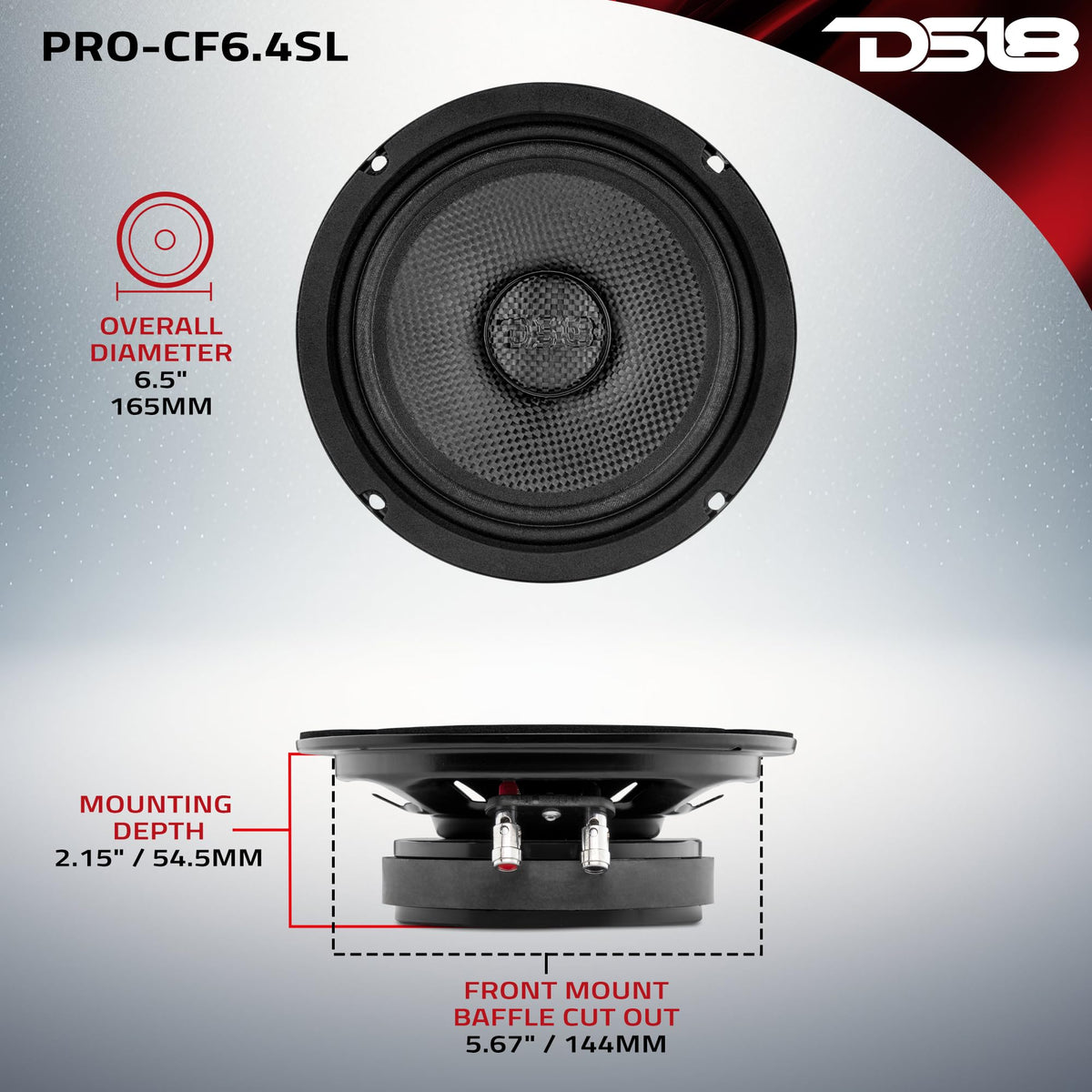 DS18 PRO-CF6.4SL rubber surround emphasizes protection in harsh environments.