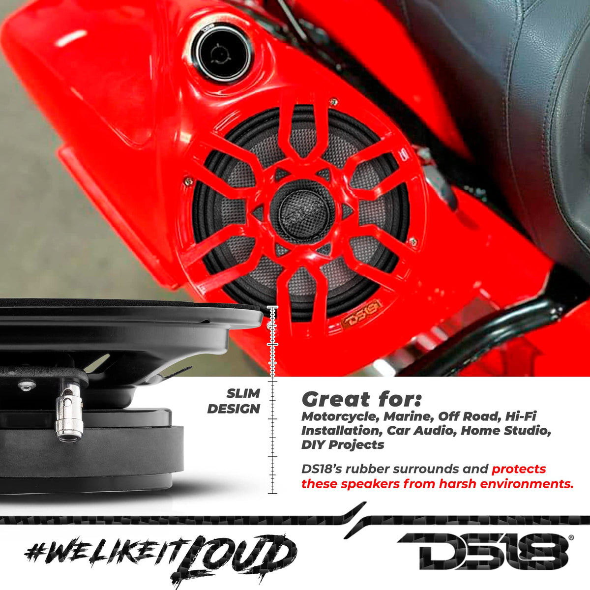 DS18 PRO-CF8.4SL rugged rubber surround withstands road vibrations
