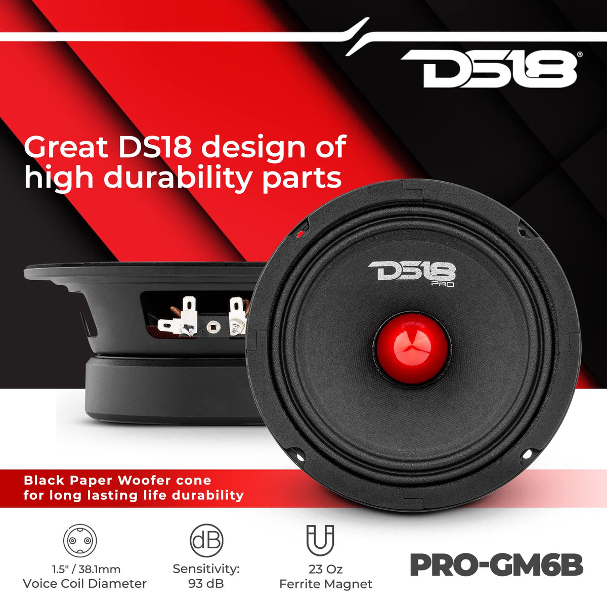 DS18 PRO-GM6B cone and cloth surround detail, provides controlled midrange response