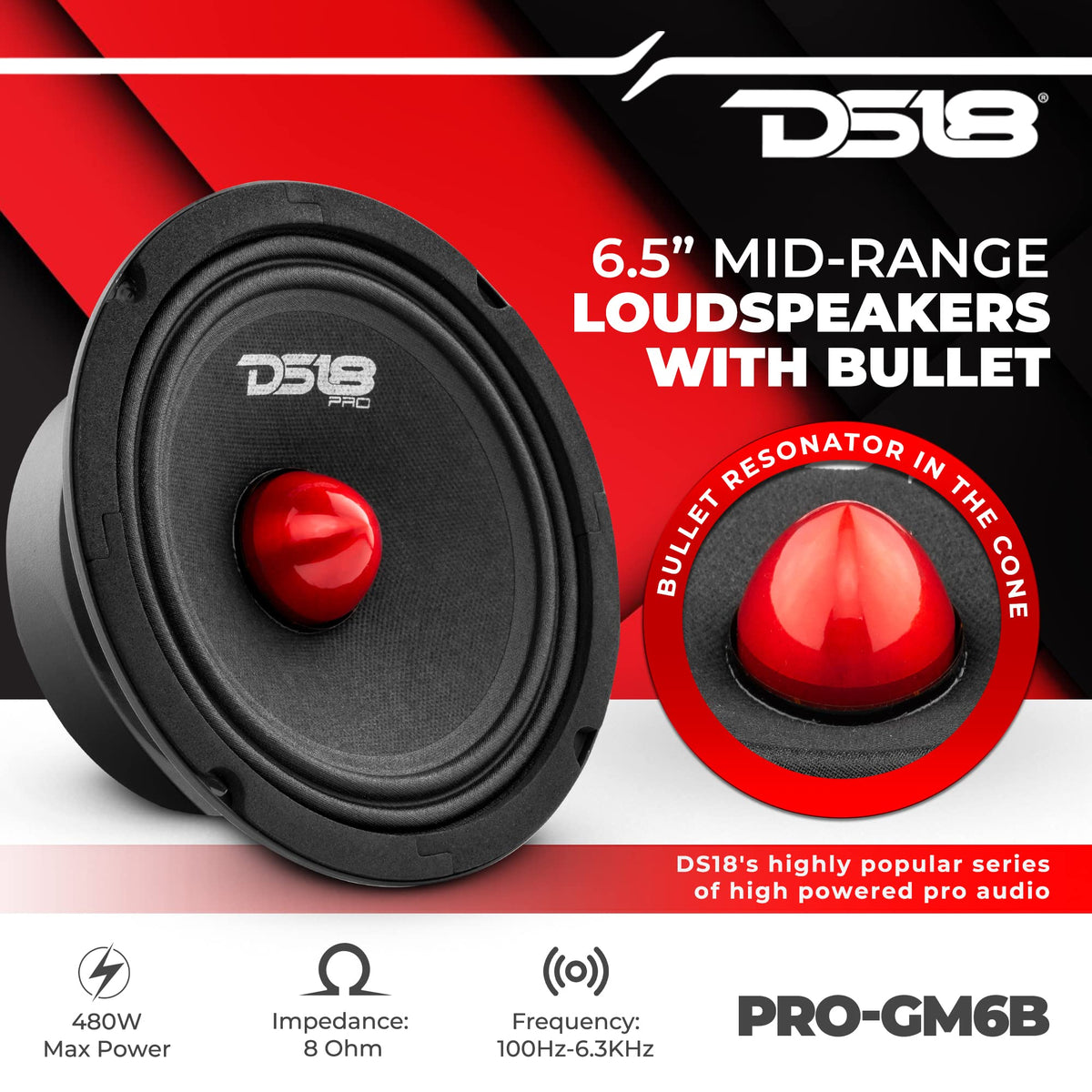 DS18 PRO-GM6B red aluminum bullet close-up, enhances dispersion and presence