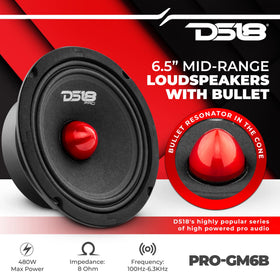 DS18 PRO-GM6B red aluminum bullet close-up, enhances dispersion and presence