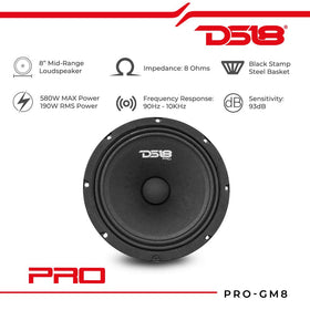 DS18 PRO-GM8 side profile highlighting 3.38" mounting depth and easy installation