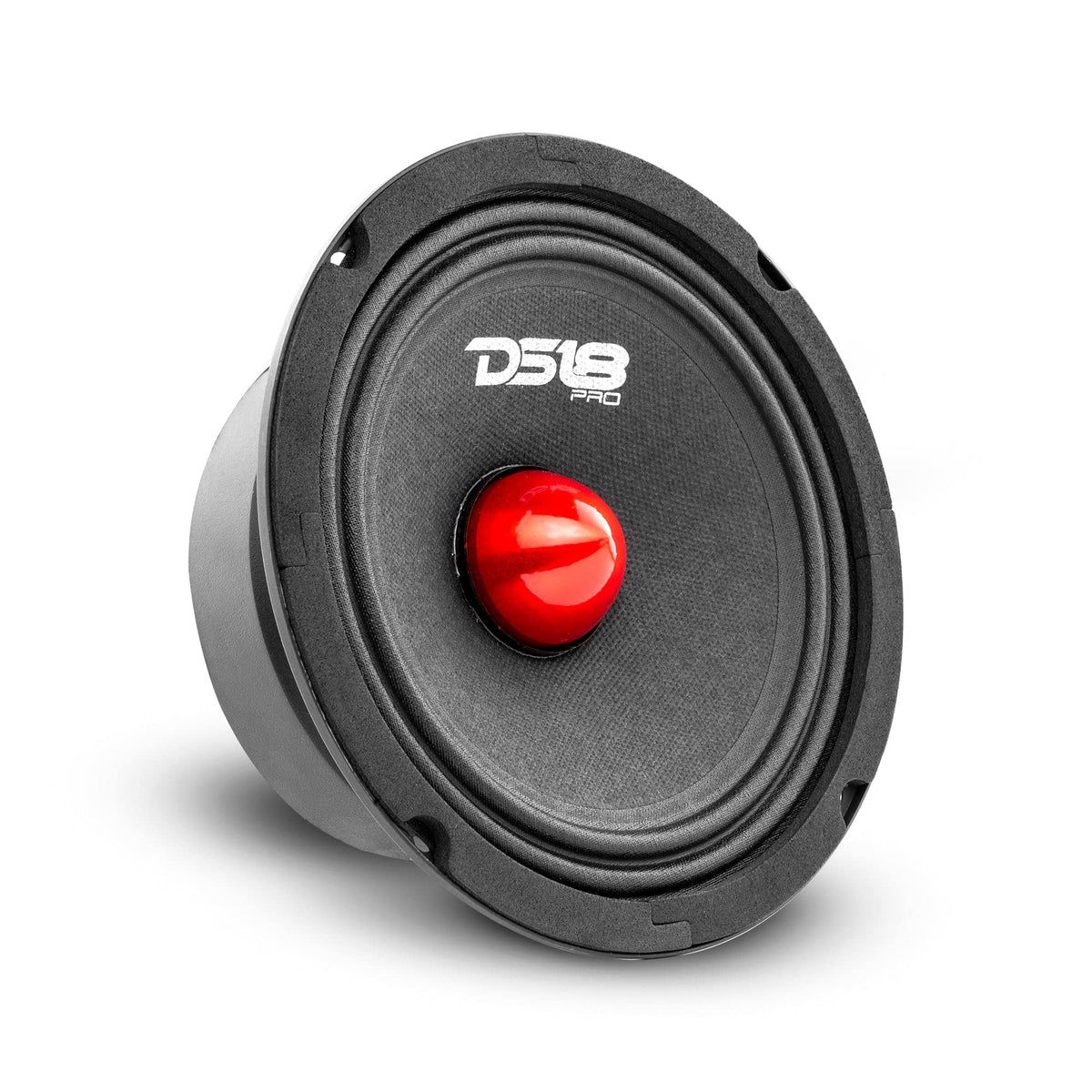 DS18 front view of 8-inch midrange speaker showing grille and basket, improved clarity