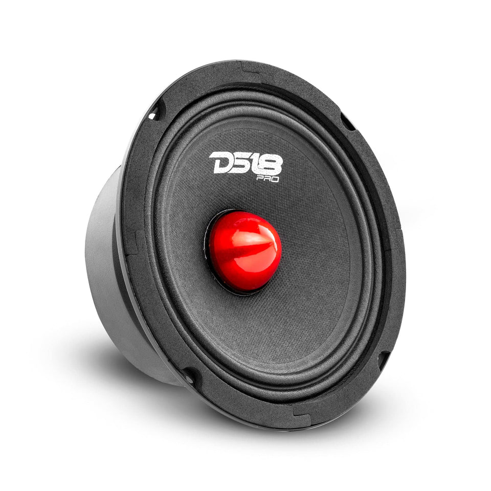 DS18 front view of 8-inch midrange speaker showing grille and basket, improved clarity