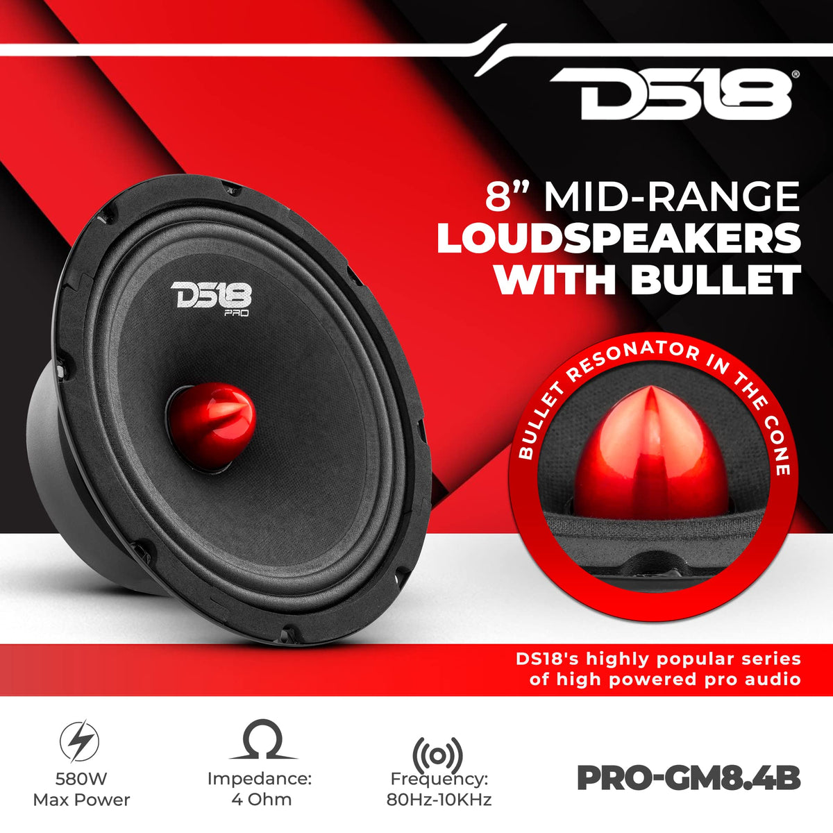 DS18 red aluminum bullet dust cap close-up protecting voice coil and lowering distortion