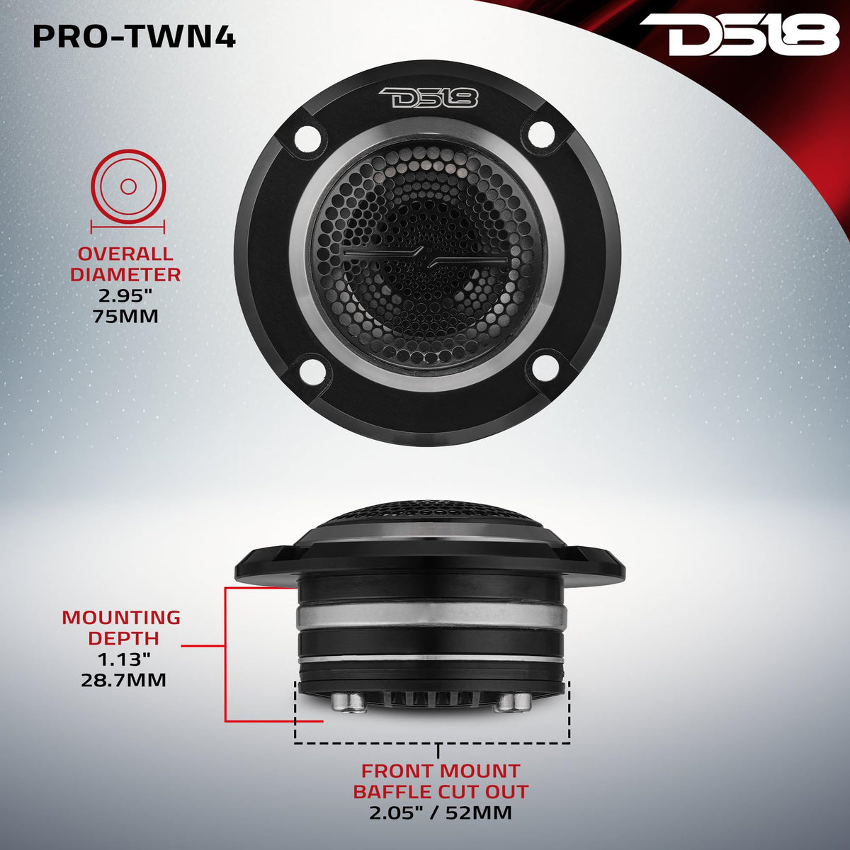 DS18 PRO-TWN4 installed in a car dash, adds clear highs to in-vehicle audio