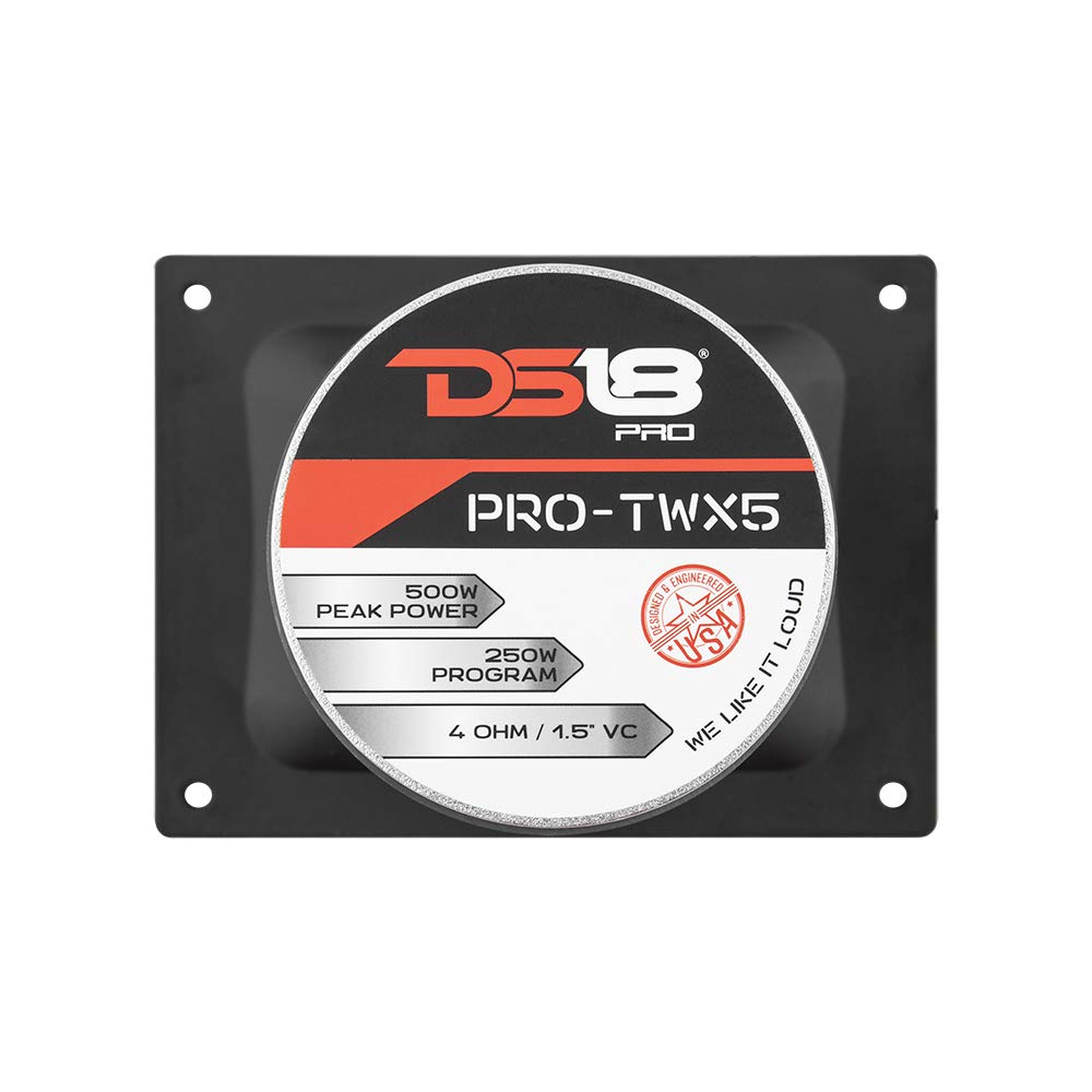 DS18 PRO-TWX5 label and specs display power ratings and built-in crossover benefits