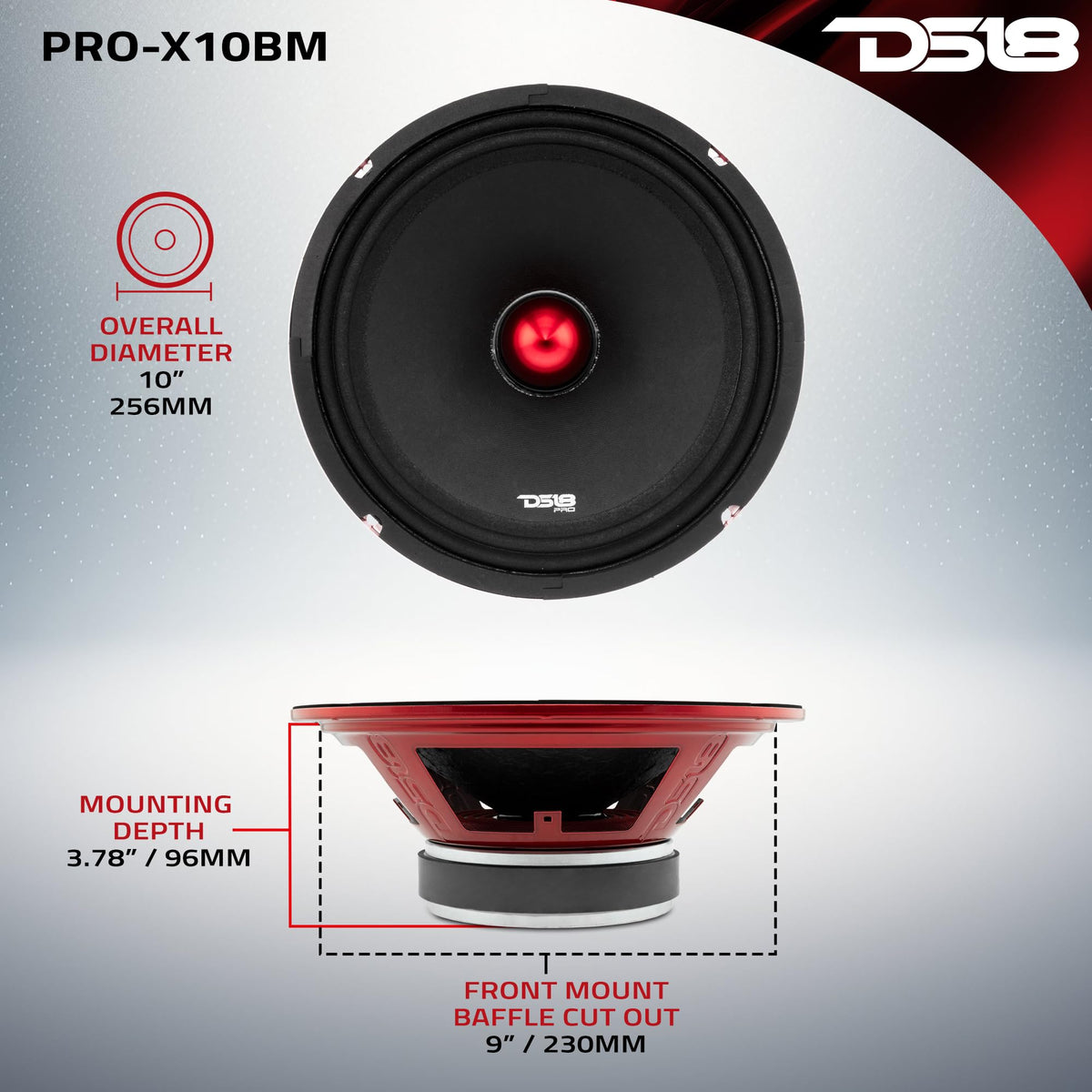 DS18 PRO-X10BM 10-inch midrange delivers balanced vocals and instrumentals.