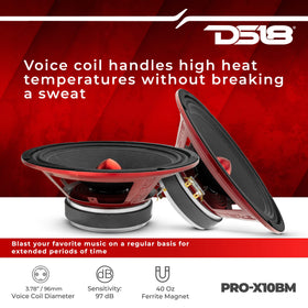 DS18 PRO-X10BM 2-inch CCAW voice coil withstands heat for durability.