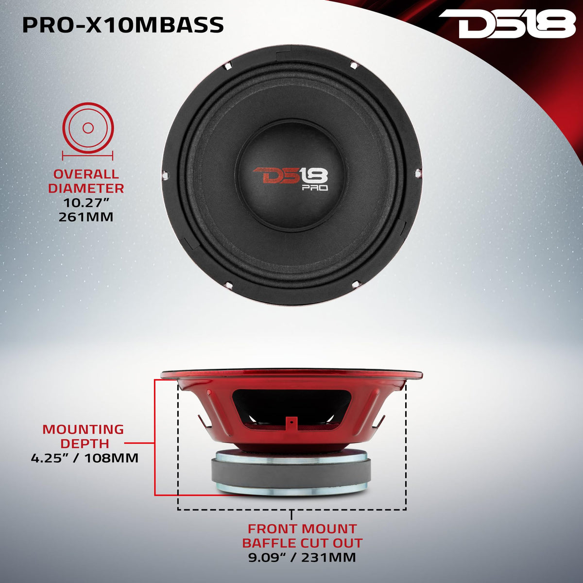 DS18 PRO-X10MBASS steel basket construction demonstrates rigid chassis for clean midrange.