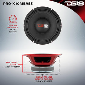 DS18 PRO-X10MBASS steel basket construction demonstrates rigid chassis for clean midrange.