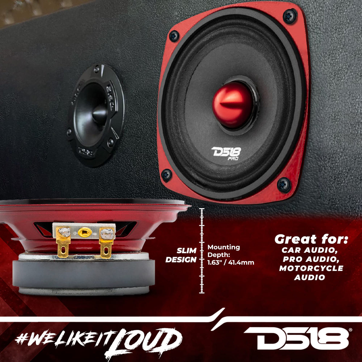 DS18 side profile of the shallow PRO-X4.4BMSL speaker highlighting reduced mounting depth for tight spaces