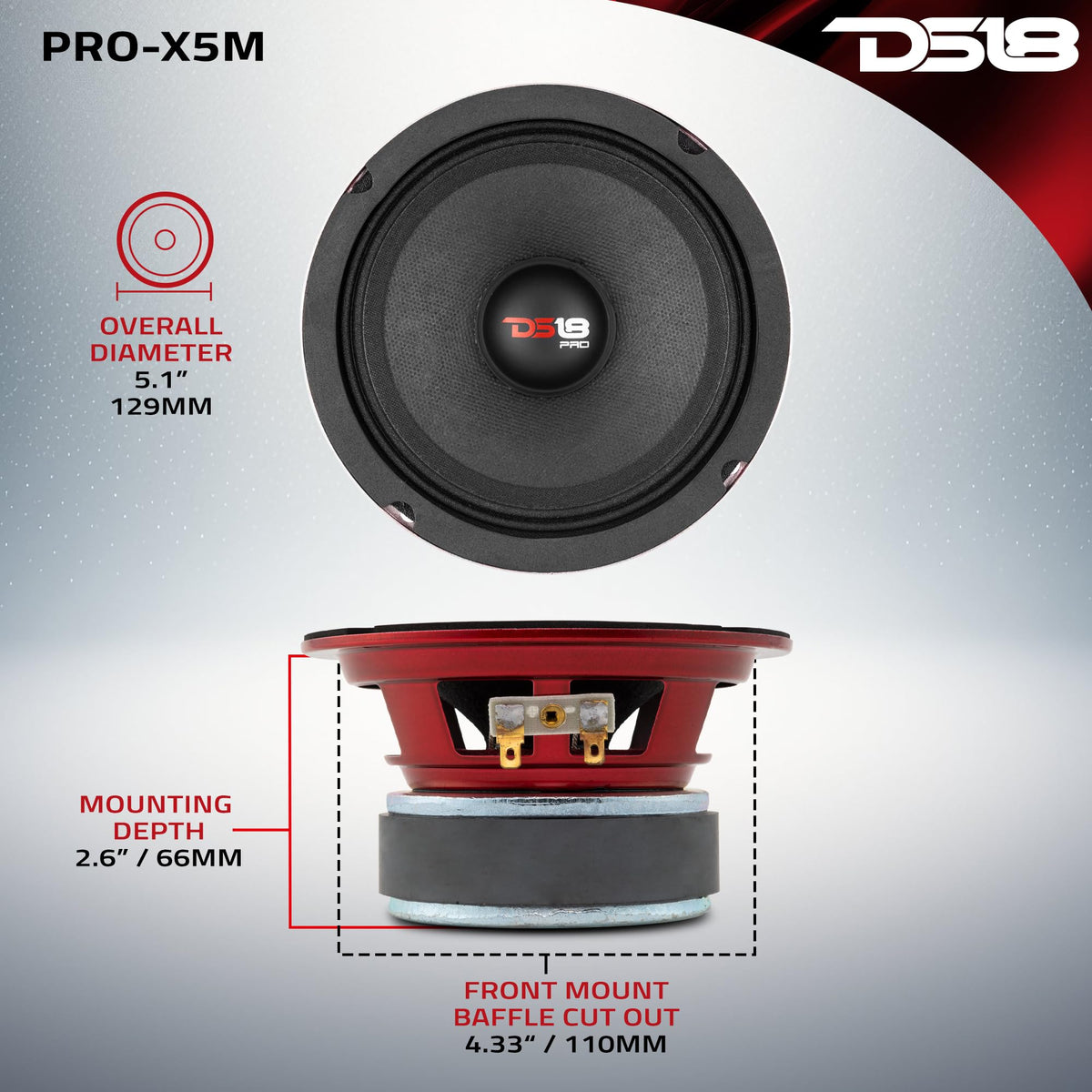 DS18 PRO-X5M in-dashboard lifestyle shot showing enhanced stereo imaging and realistic sound