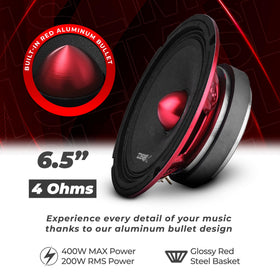DS18 close-up of red aluminum bullet dust cap protecting voice coil and improving dispersion