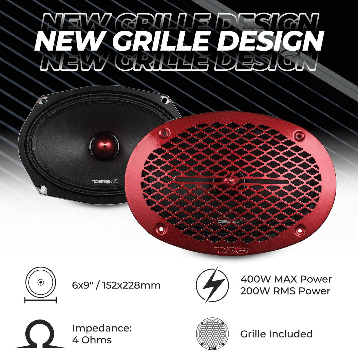 DS18 PRO-X694BM red aluminum bullet housing boosts durability for high-volume listening.