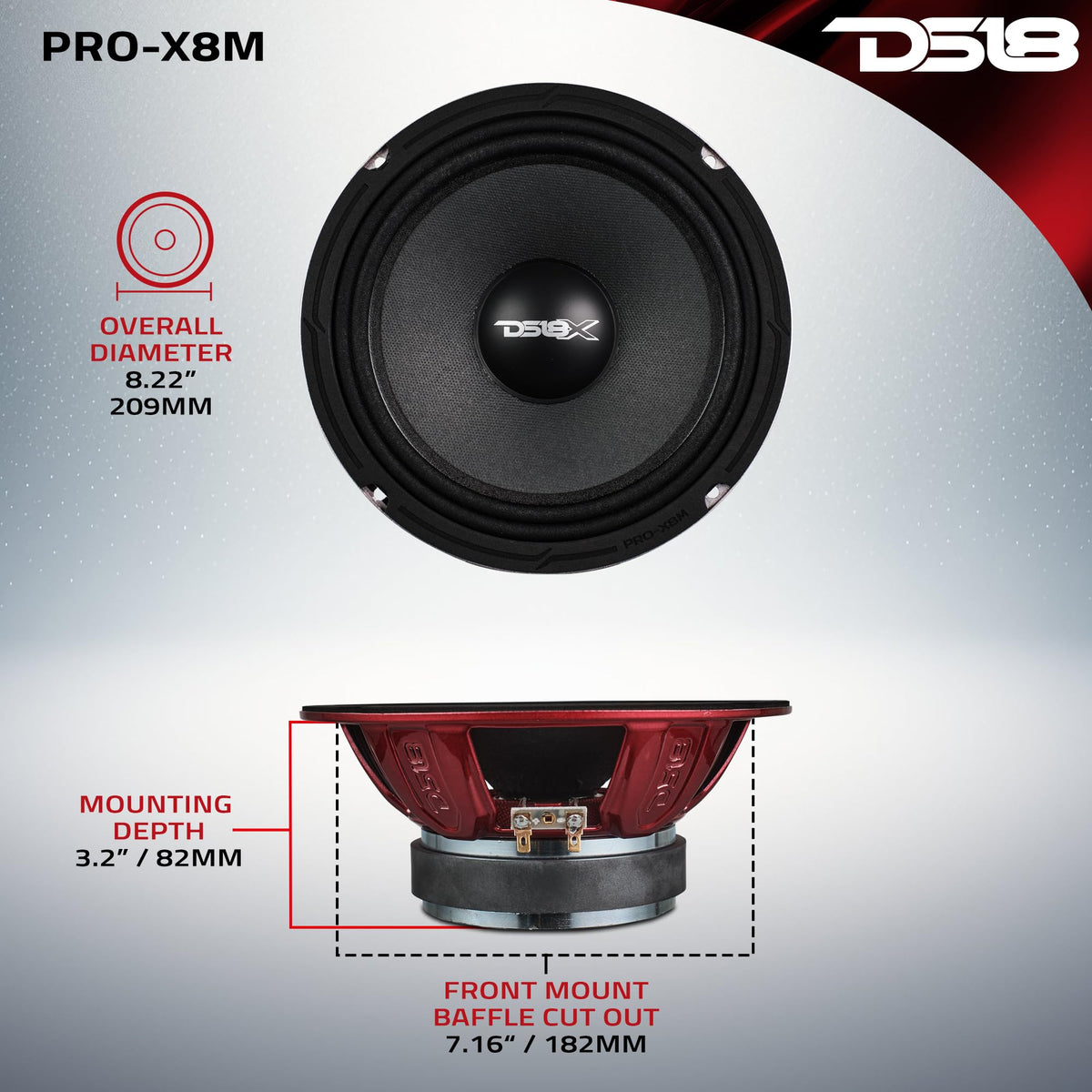 DS18 PRO-X8M 8 ohm impedance label demonstrates system compatibility.