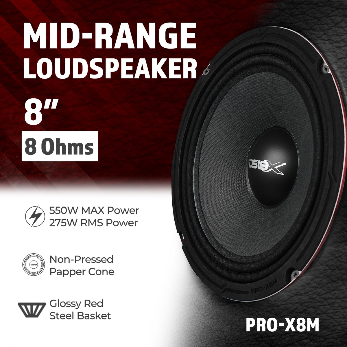 DS18 PRO-X8M red steel basket closeup highlights rugged build.